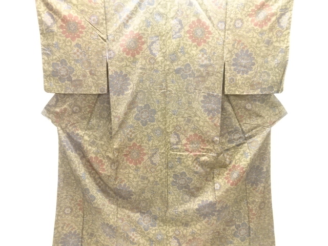 JAPANESE KIMONO / OSHIMA TSUMUGI / DYED / ENSEMBLE / WOVEN FLOWER & PLANT 